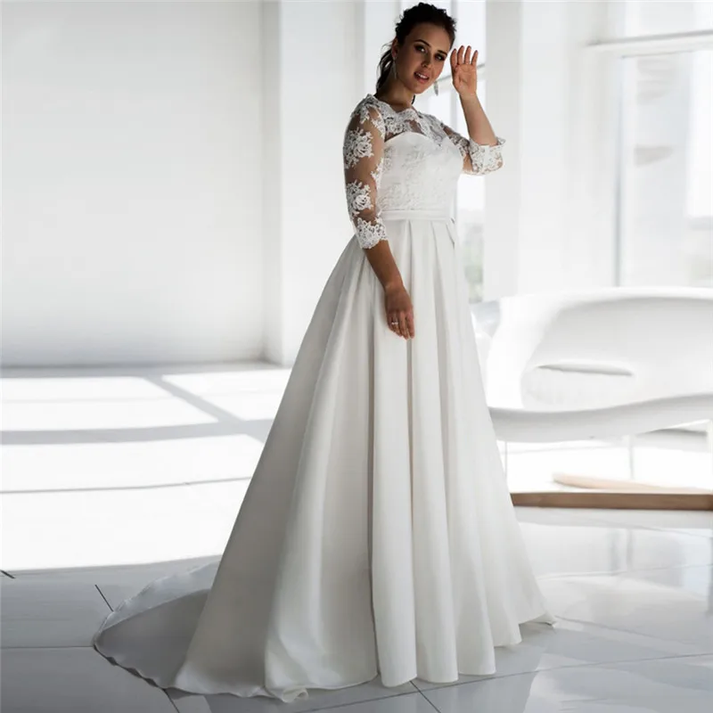 

Quarter Sleeves A Line Plus Size Wedding Dresses Open Back With Corset Bridal Gowns Bride Wear 2023 Modest Robe De Mariee White