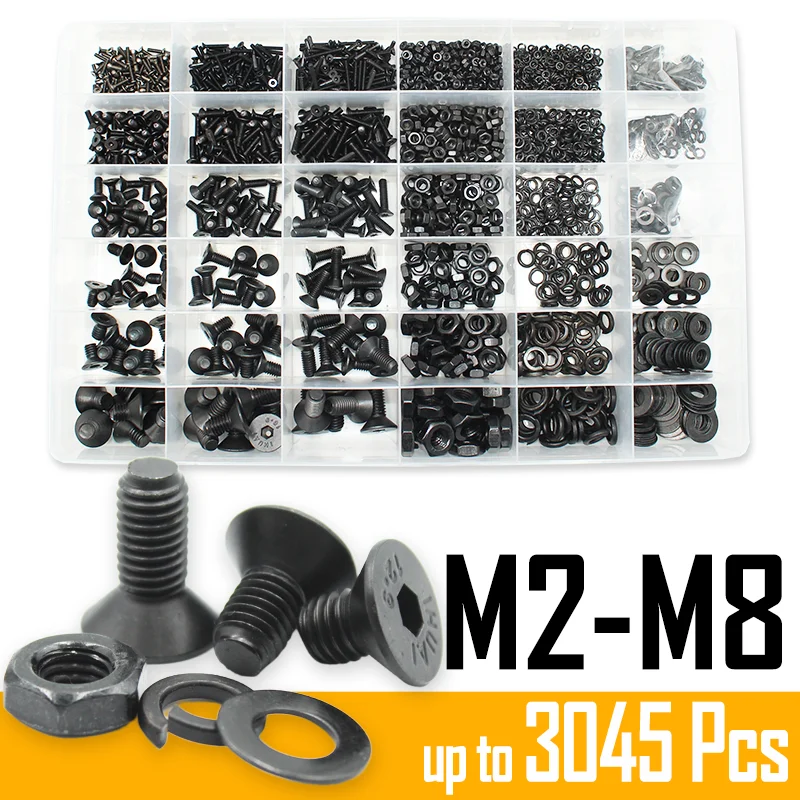 Escareado Cabeça Chata Hex Parafuso Porca Arruela Hexágono Allen Parafusos Aço Carbono Grau 109 3045 2520 2240 1420 1280 Pcs Preto