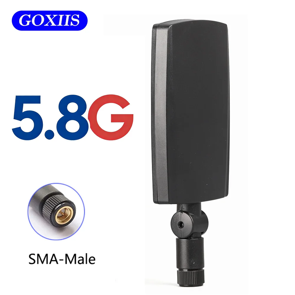 Antenne directionnelle 5,8 GHz 8dBi SMA mâle blanche avec connecteur doré, posée sur fond gris.