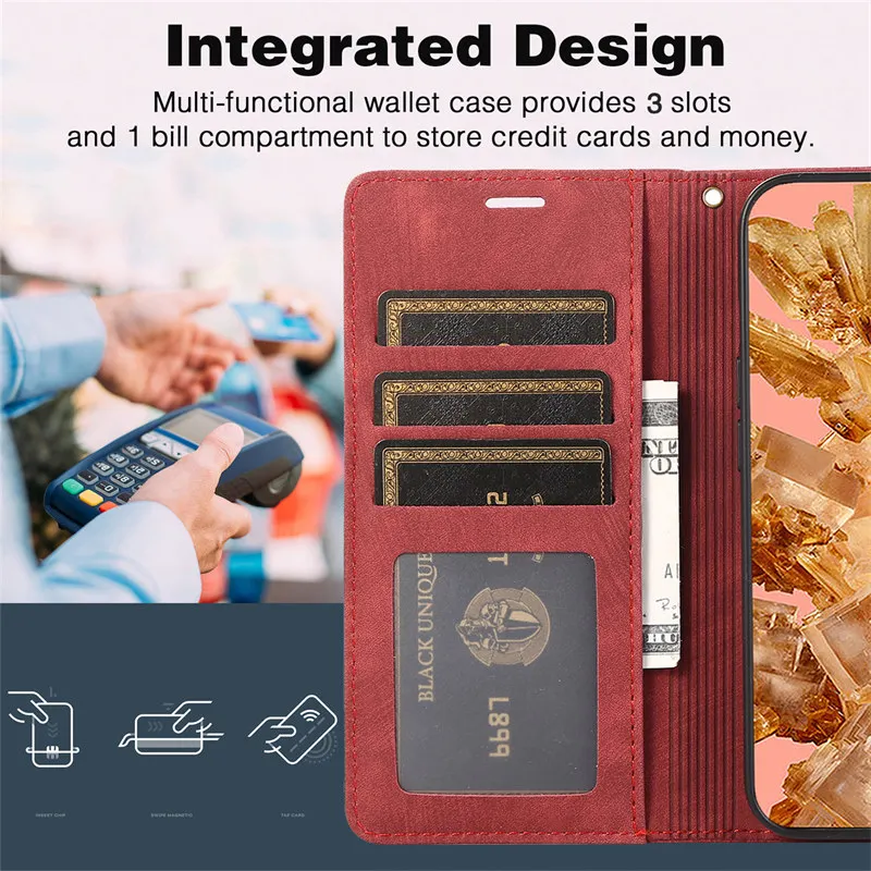 Embossed Leather Wallet Phone Case with Card Slots and Flip Cover