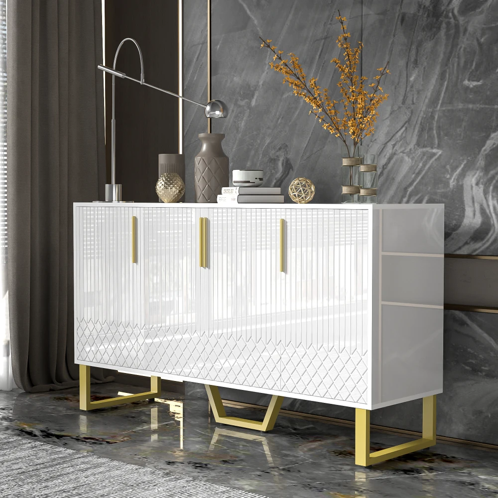 Modernes Hochglanz-Sideboard, mit 4 Türen, Metallgriffen und Beinen, geometrisches Design in Weiß, für Esszimmer, Küche, 140 l x 40 B x 80 H – Detail 10