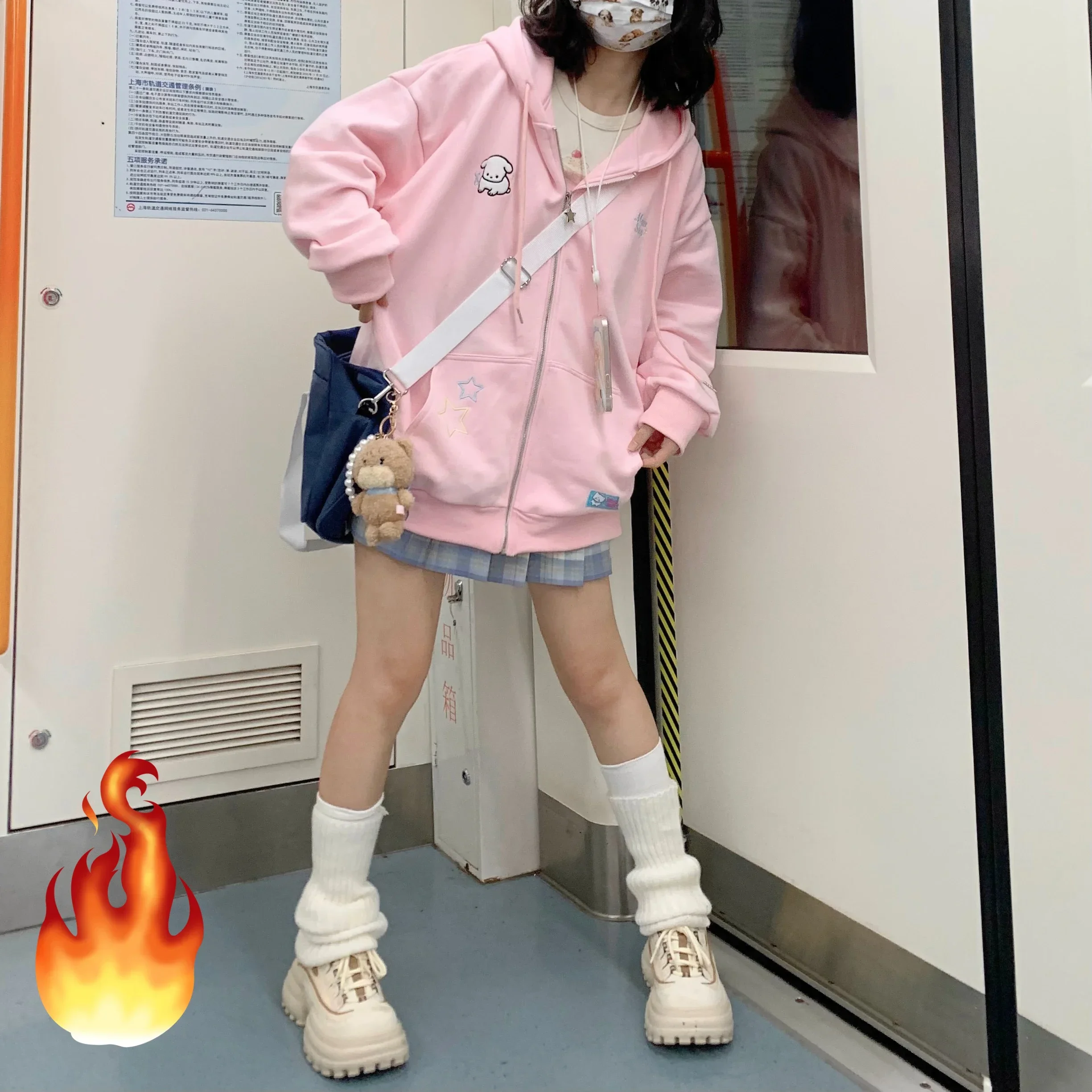 thumbnail image 1 of ADAgirl-Sudadera con capucha Kawaii para mujer, suéter de manga larga con cremallera, color rosa, Harajuku, Cutecore, de gran tamaño, de lana coreana, Tops femeninos, 1 of 5