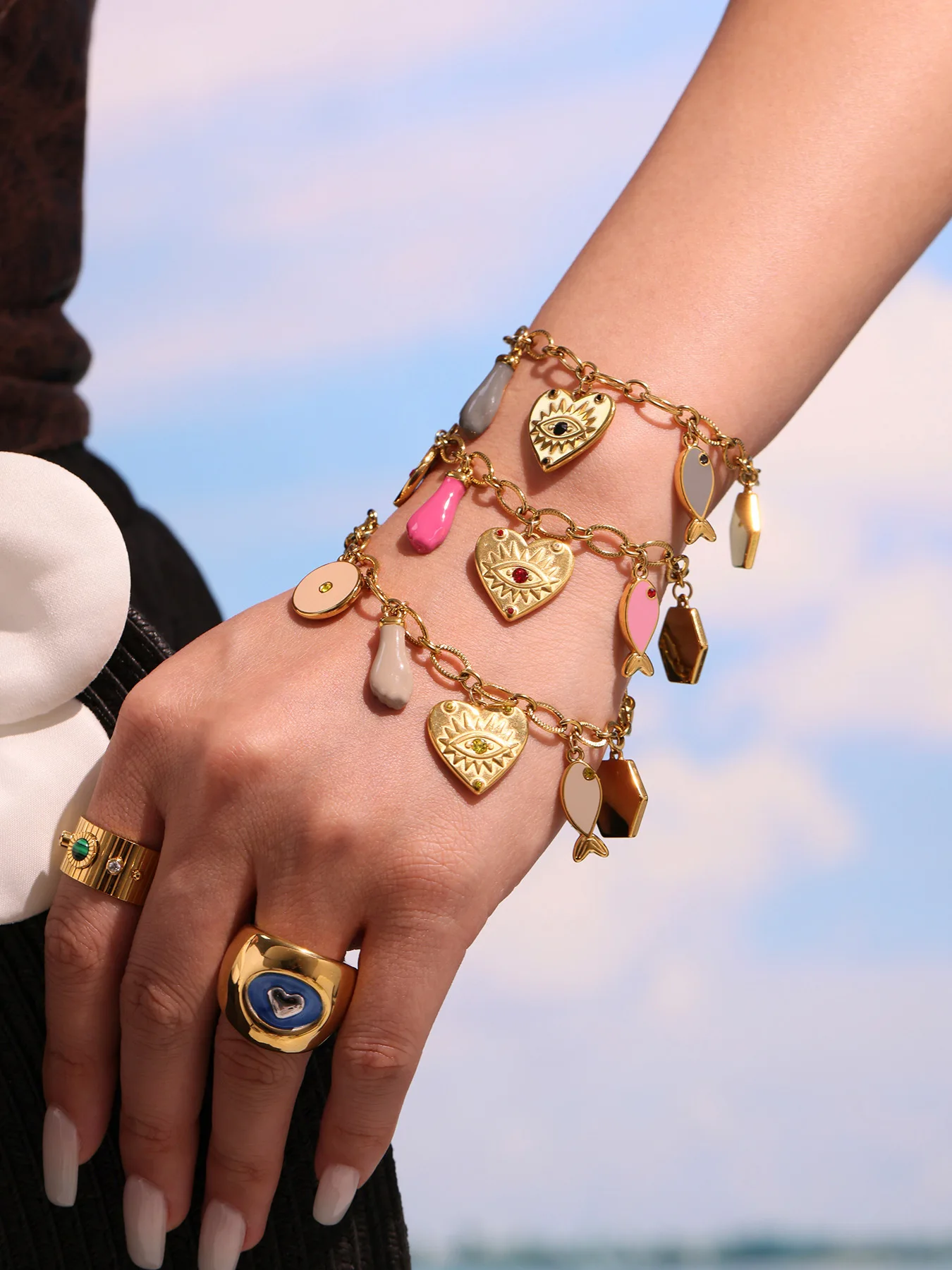 316 Edelstahl vergoldet 18 Karat Herz Anhänger Halskette rosa schwarz Emaille Luxus Zirkon Schmetterling Armband Frauen Schmuck Set – Detail 4