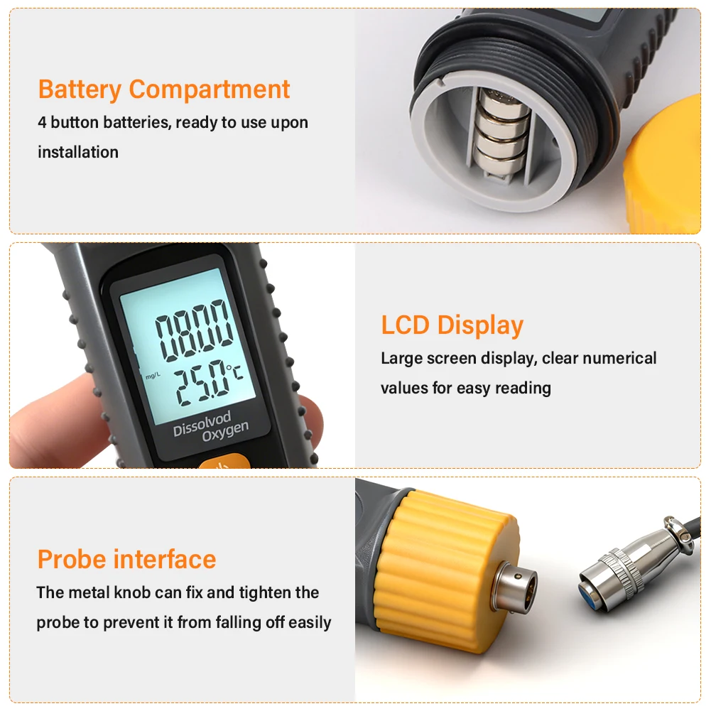 Portable Dissolved Oxygen Meter DO Tester with Replaceable Probe ATC 0-20mg/L Wa
