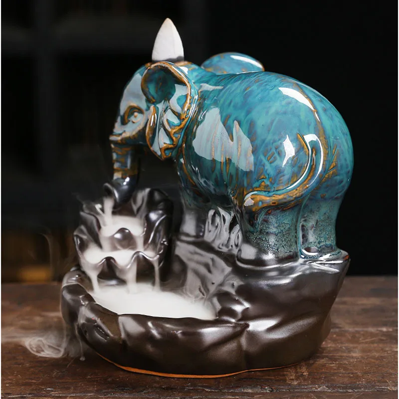 Lotus Leaf Ceramic Backflow Smoke Incense Burner Alpine Flowing Water Elephant Incense Holder Pressure Relief Home Decoration