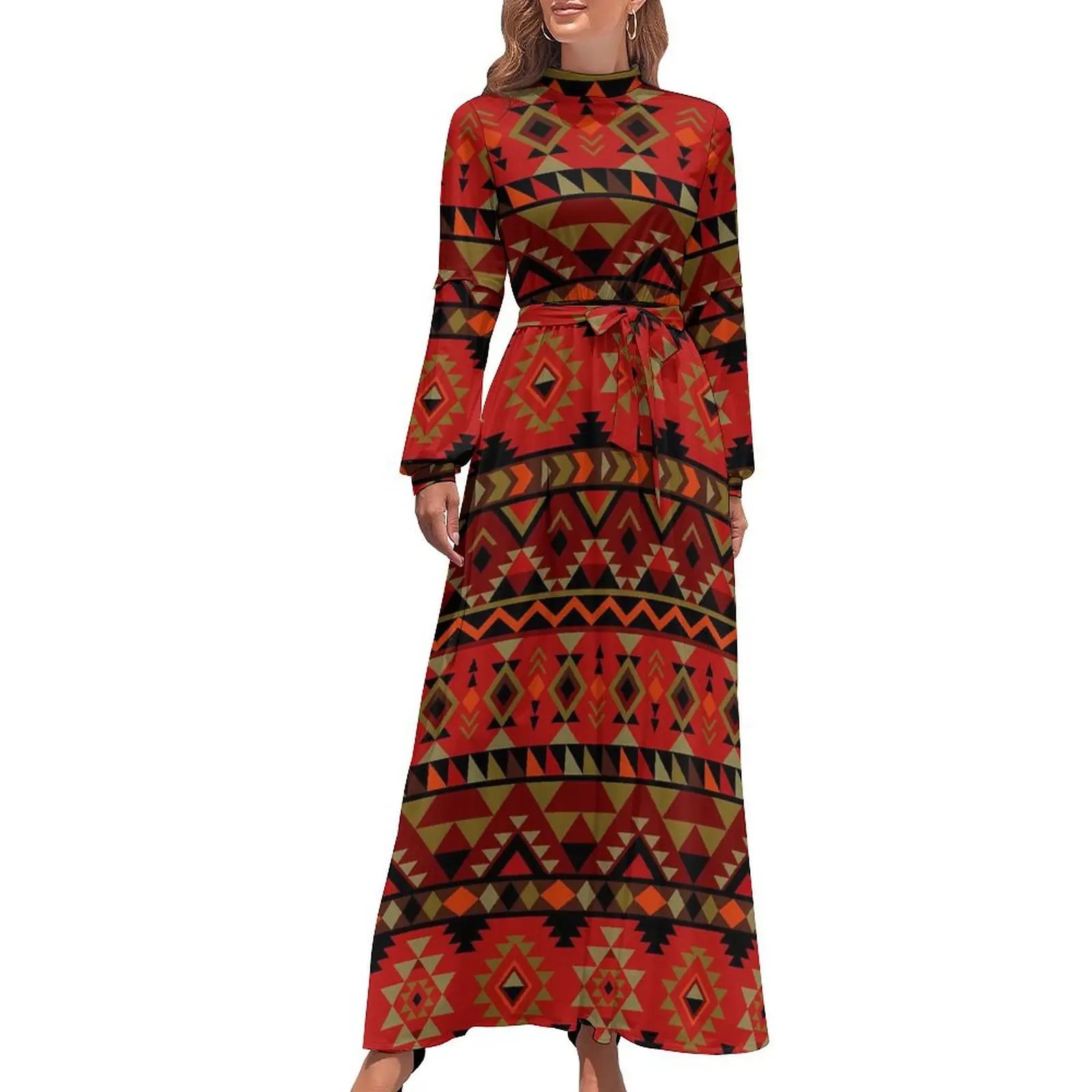

Vintage Ethnic Dress Red Aztec Print Cute Maxi Dress Aesthetic Beach Long Dresses High Neck Graphic Clothing