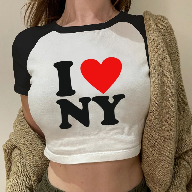 

I Love NY T Shirt Fashion Streetwear Harajuku Letter Print Women's Crop Tops American Retro Raglan Sleeves O-Neck Short T-shirt