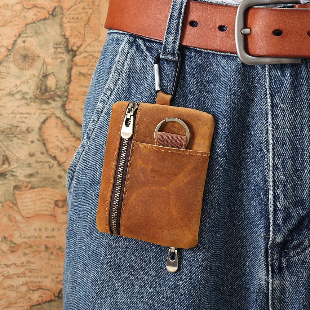 Vintage Crazy Horse Leather Coin Purse With Keychain Men Women Mini Short Wallet Card Holder Change Purse Storage Bag