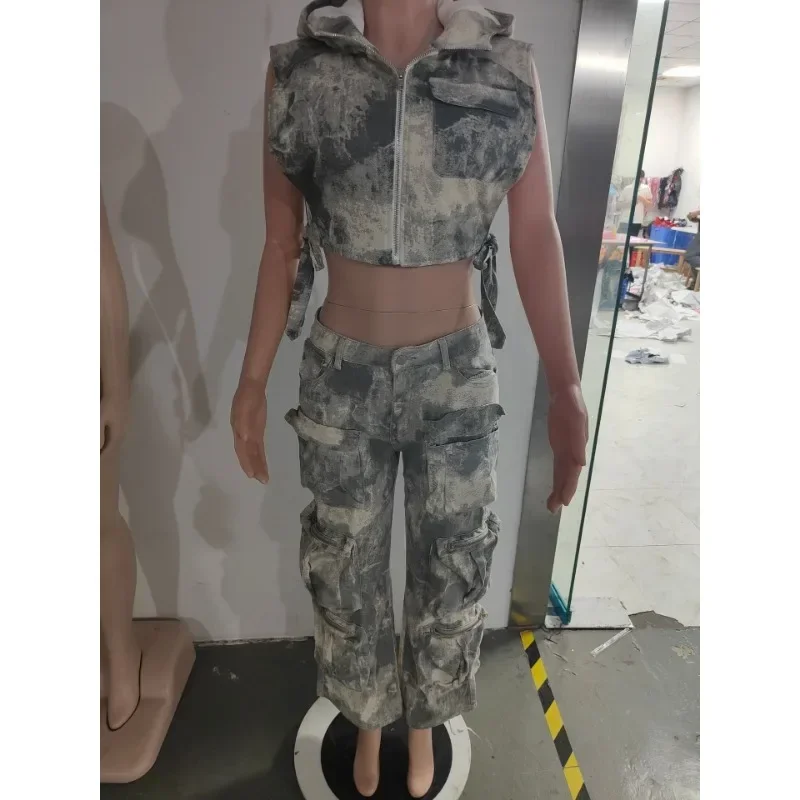 Women's Denim Two Piece Set Streetwear 2023 Autumn Winter Sleeveless Hooded Zipper Crop Top High Waist Pocket Cargo Pants