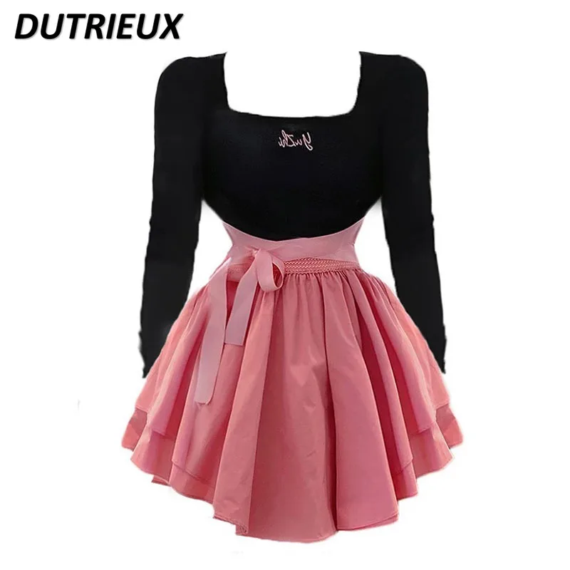 

Spring and Summer Pink Back Hollow Out Strap Tulle Tutu Dress Sweet Cool Hot Girl Long Sleeve Spliced Princess Dresses for Women