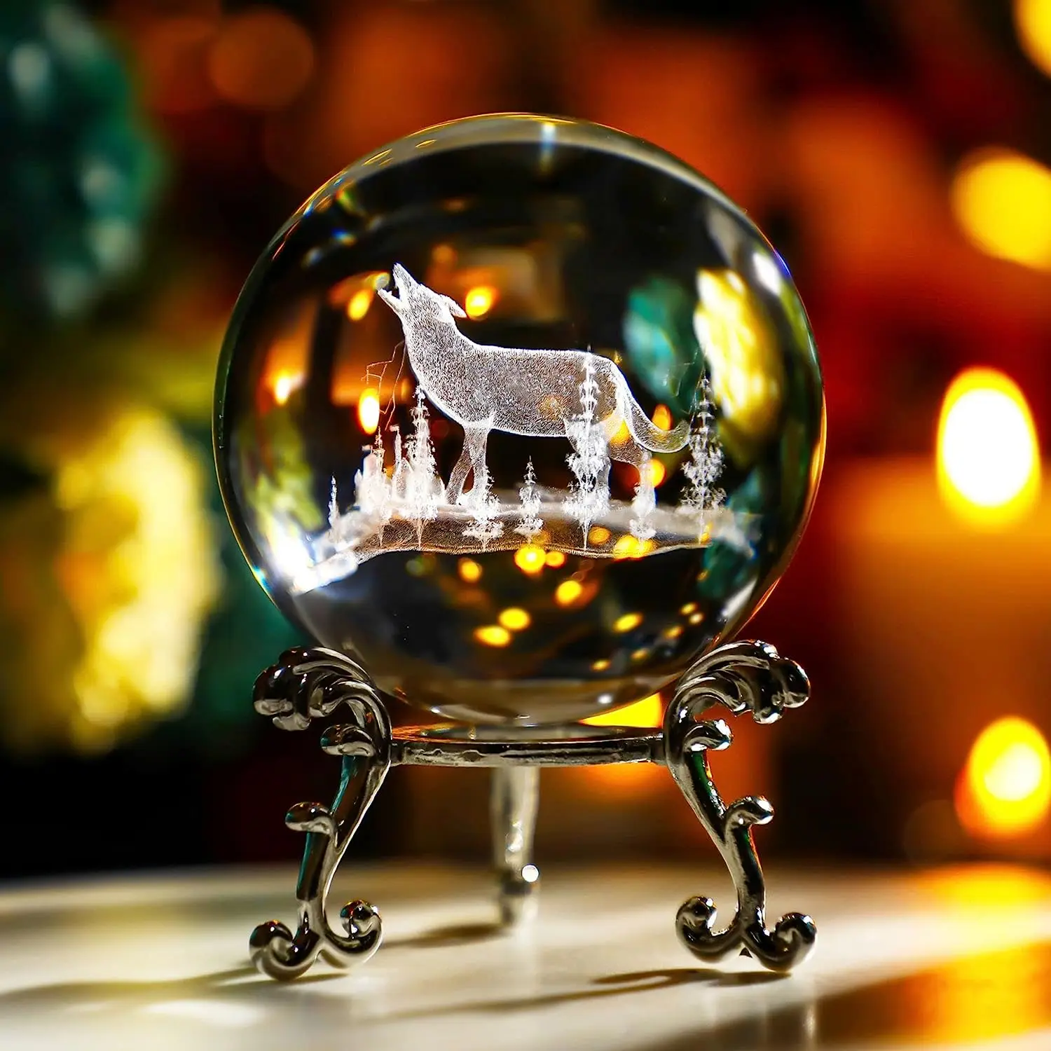 

H&D 60mm Wolf Crystal Ball with Stand 3D Laser Engraved Decorative Glass Sphere Paperweight(Clear)