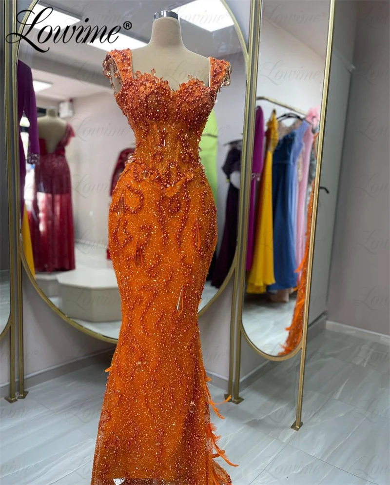 

Lowime Orange Mermaid Feathers Evening Gowns Formal Beaded Crystals Arabic Party Drsses For Women 2024 Customize Prom Dresses