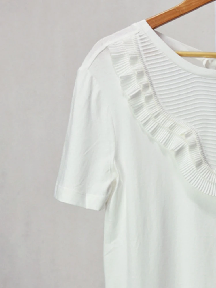 Clearance Price 2019 Summer Women Lace-up O-neck White T-Shirt Backless Ladies Short-sleeved Ruffled Pleated Simple Tee Tops |