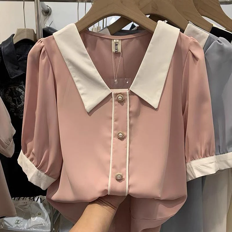 여성용 인형 칼라 대비 쉬폰 셔츠, 반팔 풀오버, 스타일리시 동안 감소, 기질 셔츠 상의, 여름 신상