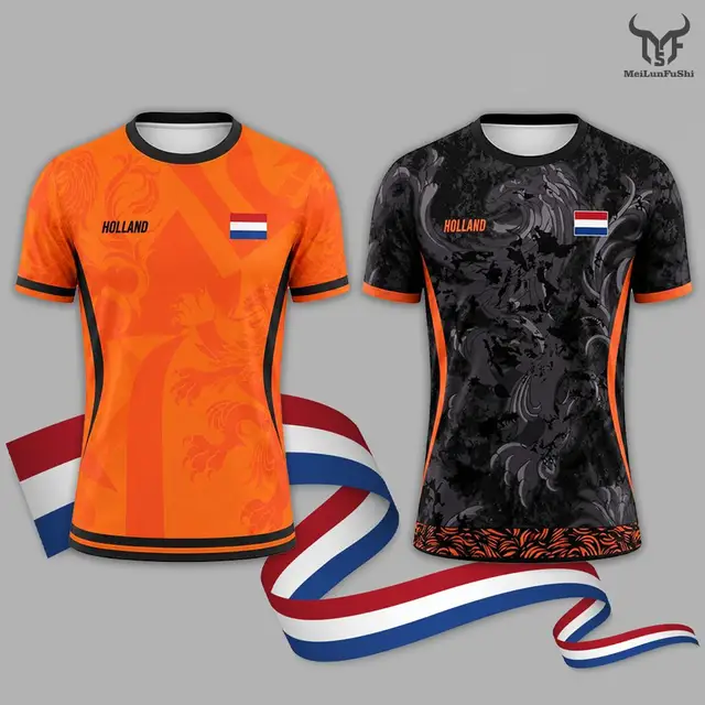 Maillot de football imprimé drapeau néerlandais, décontracté, respirant, à manches courtes, pour l'été, pour hommes, pour la salle de sport, l'entraînement sportif, le football 1