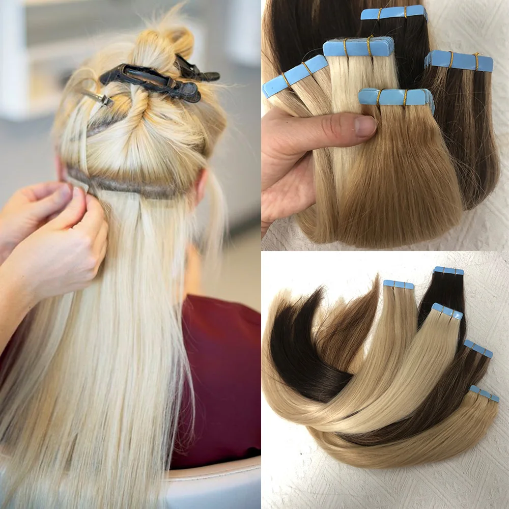 Natural Tape in Hair Extensions Human Hair Straight Black Blonde Brown Seamless PU Skin Weft Tape Ins Extension 20PCS/Pack