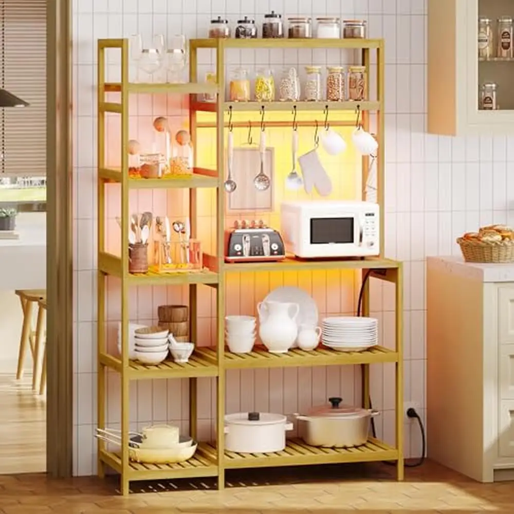 10-Tier Bamboo Bakers Rack with Power Outlets & LED Lights Kitchen Shelves Microwave Stand Freestanding Utility Rack Organizer