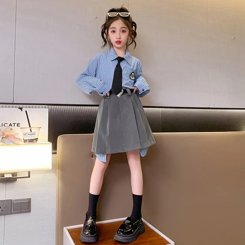 

Autumn Girls Korean Clothing For Girls Top + Skirt with Free Belt Fashion School Uniform Clothes For Children Outfits 5-14 Years