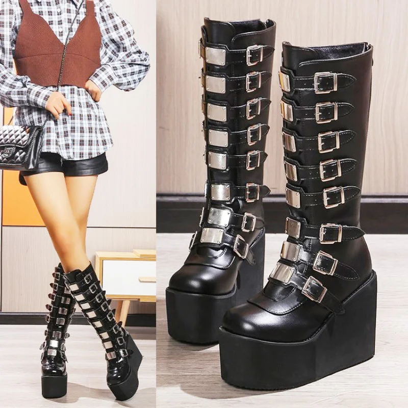 New Women's Cosplay Boots Multi-row Belt Buckle Long Tube Leather Knight Boot Punk Gothic Classic Black High Heel Shoe Knee-High