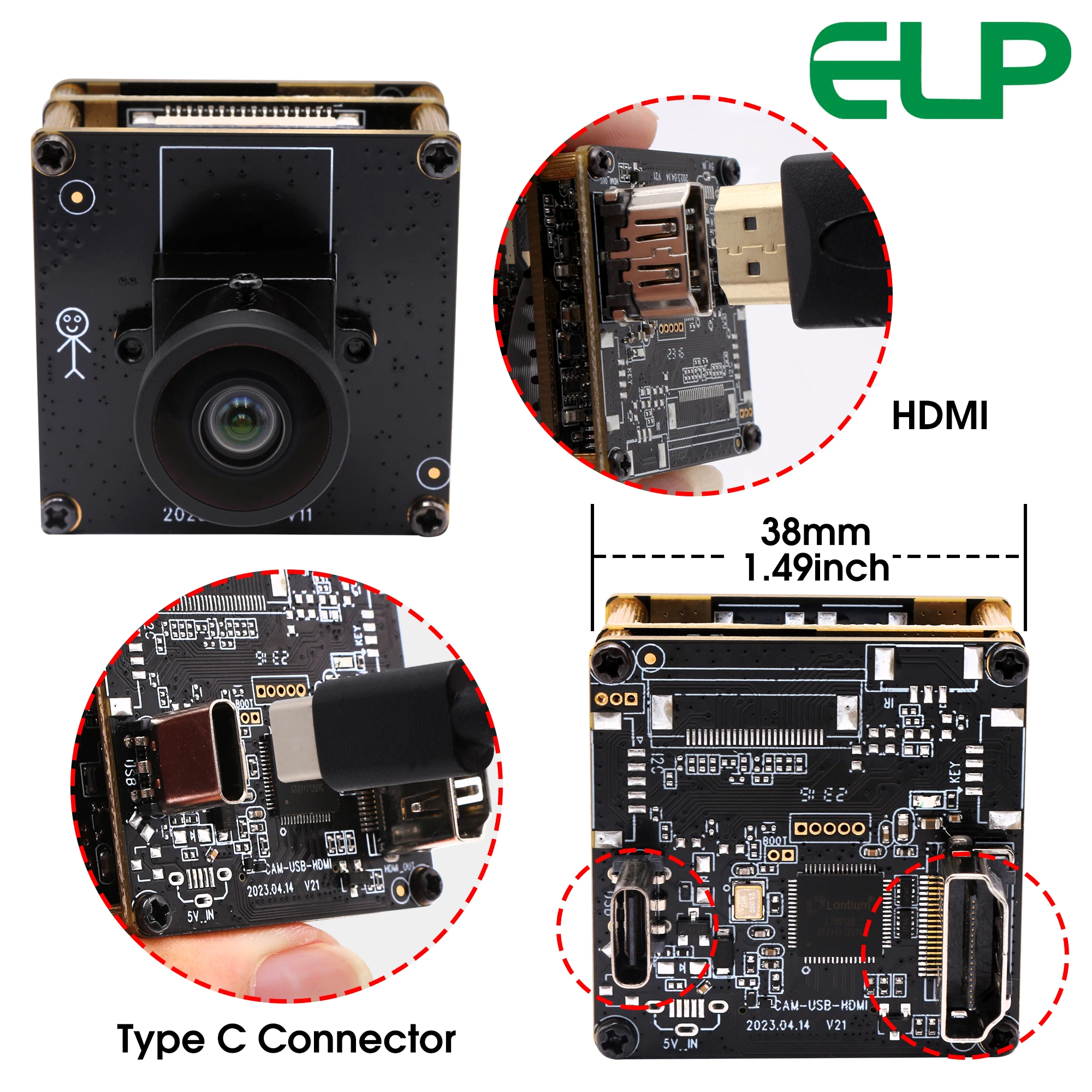 ELP 4K 카메라 모듈, USB 2.0 및 HDMI 출력, 2X 디지털 줌, 120 도 왜곡 없음, H.264 4K 30FPS USB 카메라