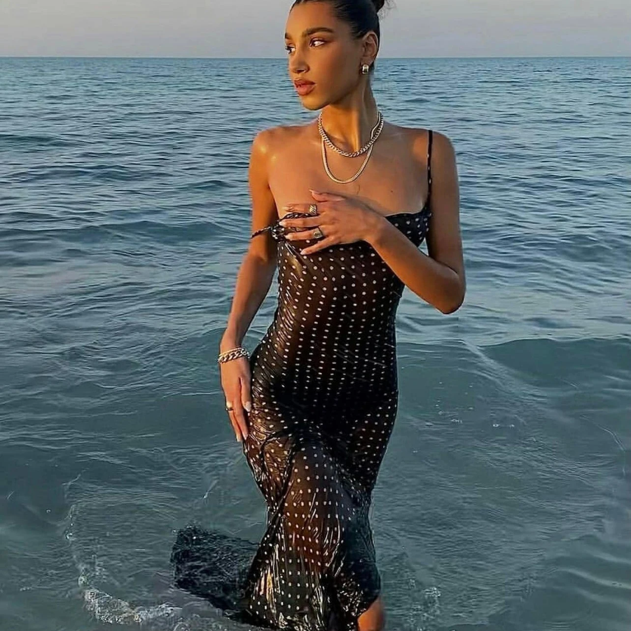 

Sleeveless Bandage Print Mesh See-Through Maxi Dress Dots Sundress Sexy Women Party Club Clothings Maxi Black Clothes Woman