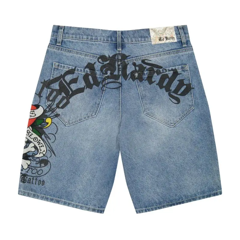 Trendy Brand Men Vintage Skull Skaters Short Classics Blue Wash Denim Shorts Summer Hip Hop Graphic Embroidery Streetwear Jorts