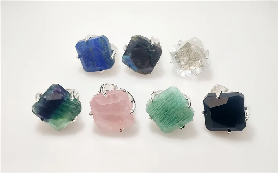 FUWO Wholesale 5Pcs Natural Semi-precious Stone Rings,Claw Setting Design Faceted Crystal Ring For Valentines Gift RG095