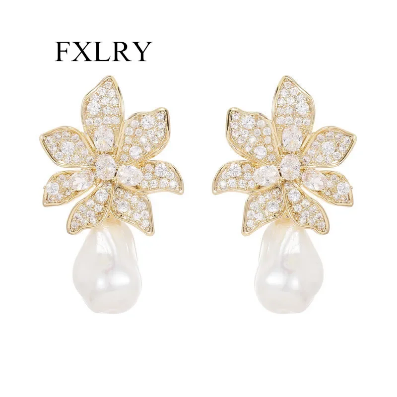 

FXLRY Гламурные блестящие фианиты, большие красные листья, цветы, жемчужные серьги-подвески для женщин, ювелирные изделия для помолвки