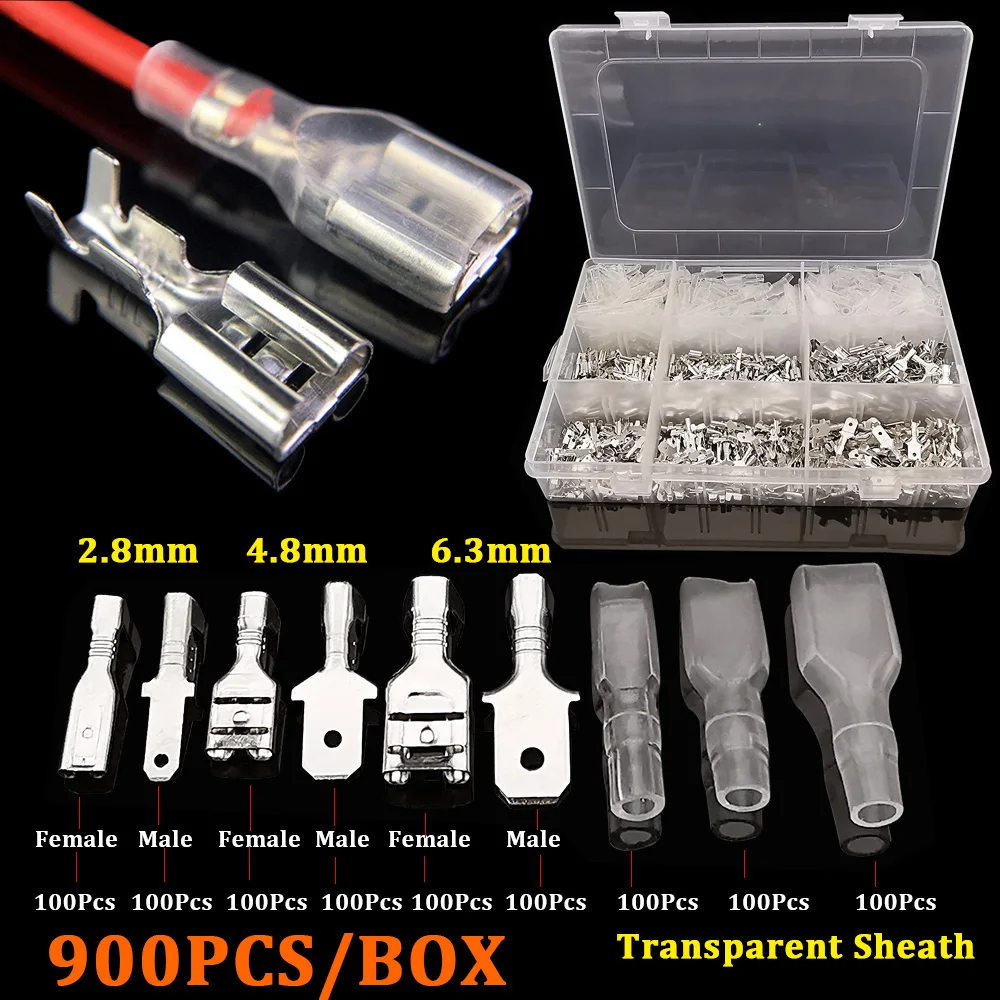 

900Pcs Silver 2.8/4.8/6.3mm Quick Splice Electrical Wiring Crimp Terminal Male Female Spade Connector Kit with Insulating Sleeve