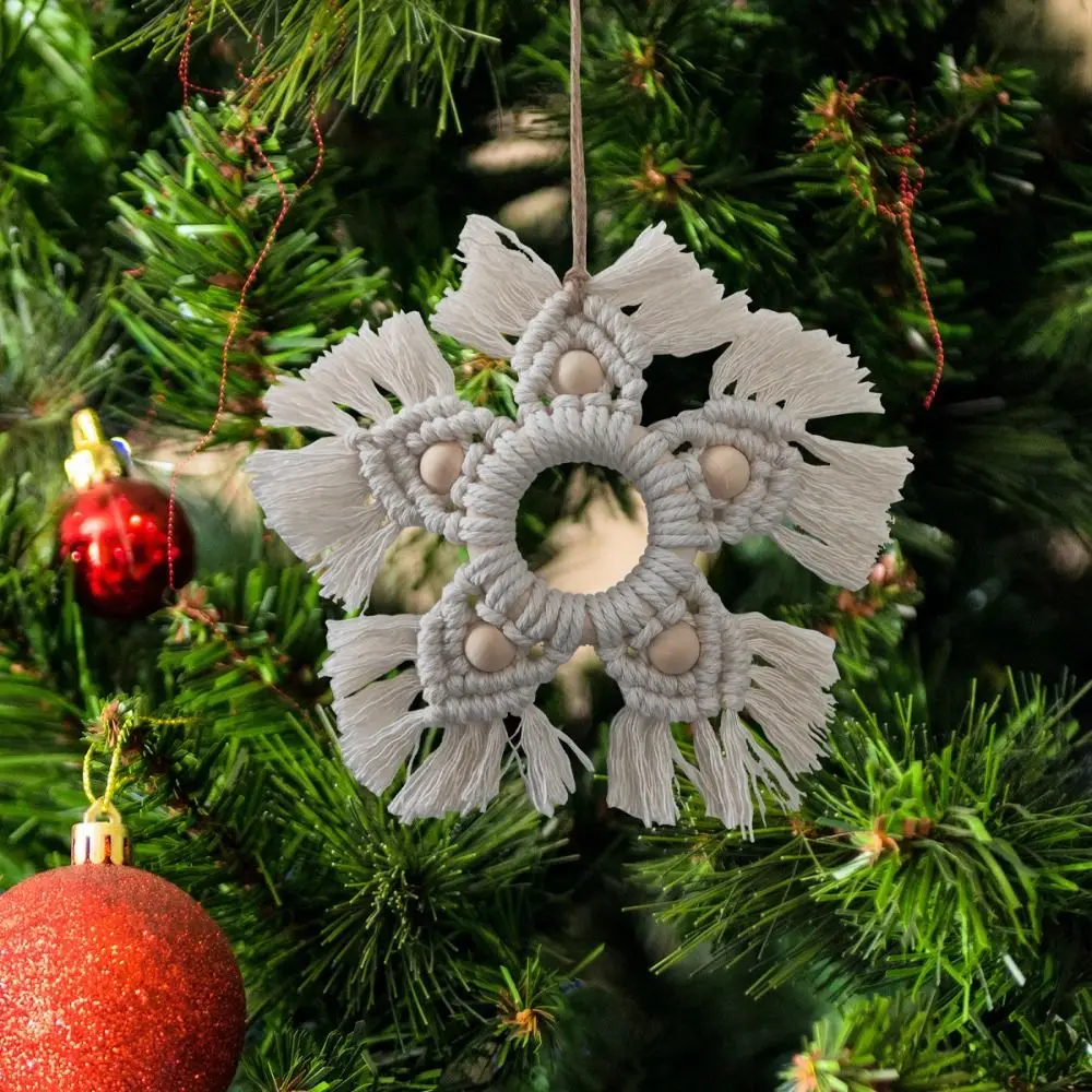 

Деревянная бусина ручной работы, подвеска в виде снежинки, хлопковая веревка ручной работы, украшение для рождественской елки, Белая настенная подвеска, Рождественское украшение