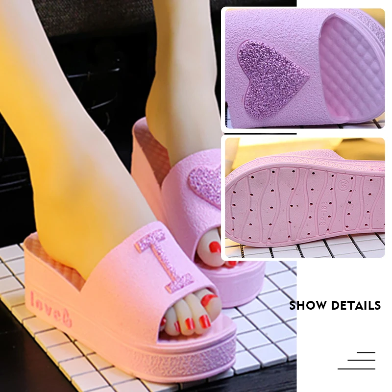 Summer Slippers Women Fashion Love Heart Wedges Beach Slides Platform Ladies Sweet Outside Slipper Soft Non-Slip Home Sandals
