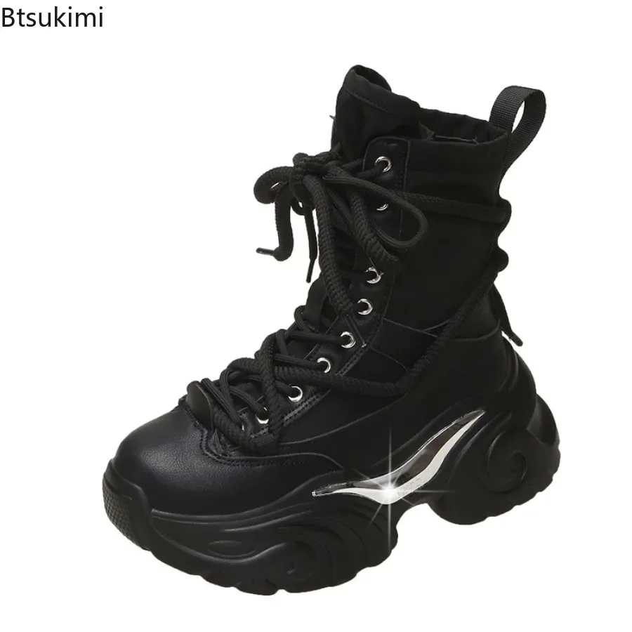 New 2024 Women's Chunky Platform Motorcycle Boots Women Solid Lace Up Thick Bottom Shoes Woman Autumn Winter Punk Ankle Booties
