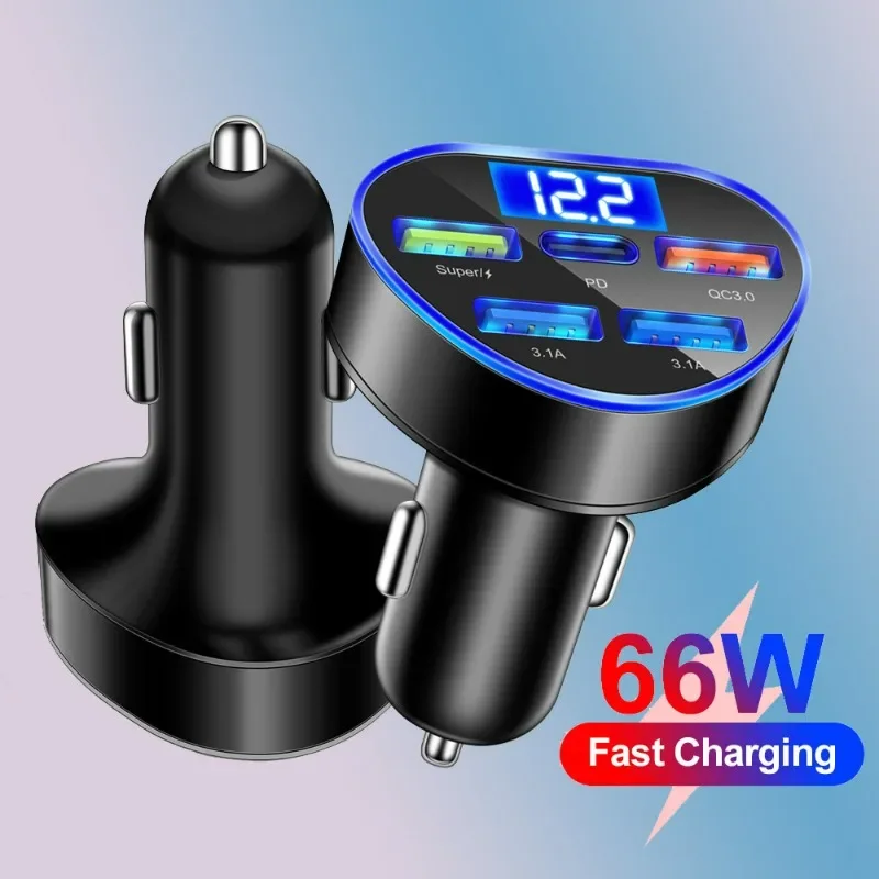 

66W Car Charger Digital Lighter Fast Charging 5 Ports QC3.0 PD USB Type C Car Phone Charger for IPhone Xiaomi Samsung Huawei