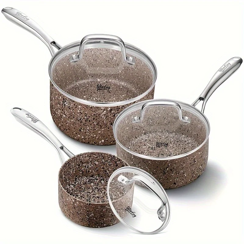 

Nonstick Premium 3-Piece Saucepan Set with Glass Lids, Natural Durable Granite Coating, Nonstick, Durable & Oven Safe to 420°F,