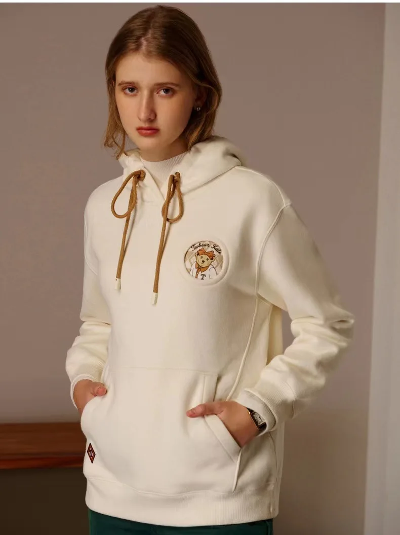 

Winter White Sweatshirt For Women, Bear Embroidery Loose Casual Hoodies, Fleece Flocking Inner Tees, Tops y2k clothes