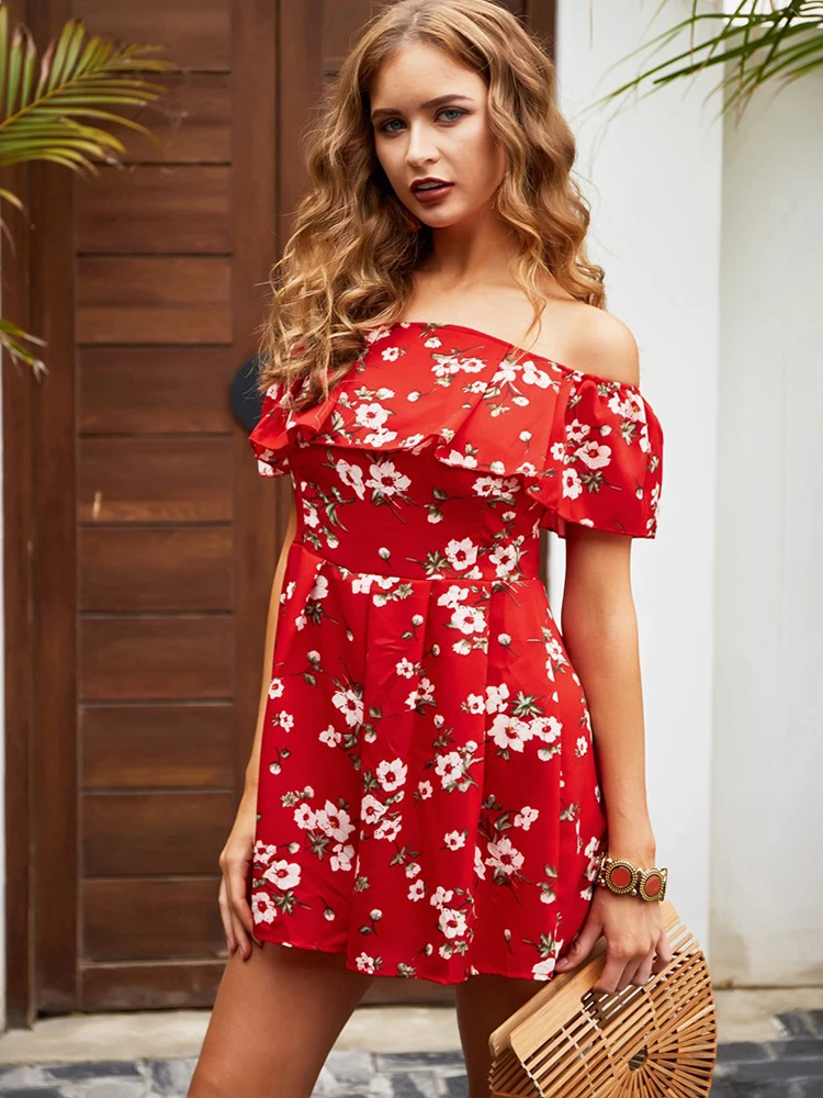 Floral Short Jumpsuits Women Summer Sexy Red Backless Holiday Beach Outfits Casual Ruffle Off Shoulder Rompers Womens Jumpsuit 4
