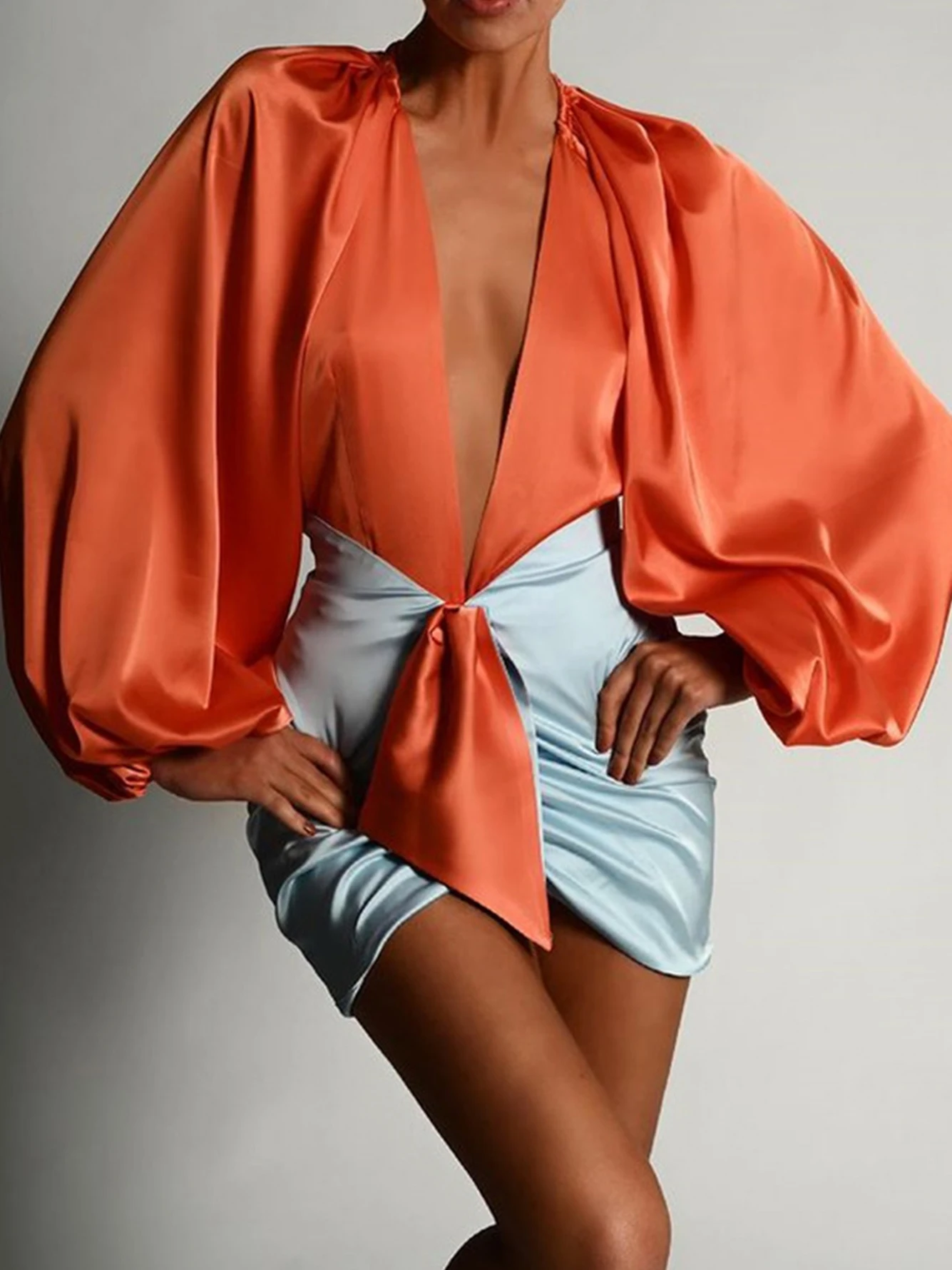 Adyce 2022 New Summer Women Fashion Orange 2 Two Pieces Sets Sexy V Neck Long Sleeve Tops &amp Skirt Casual Club Party Outwear |