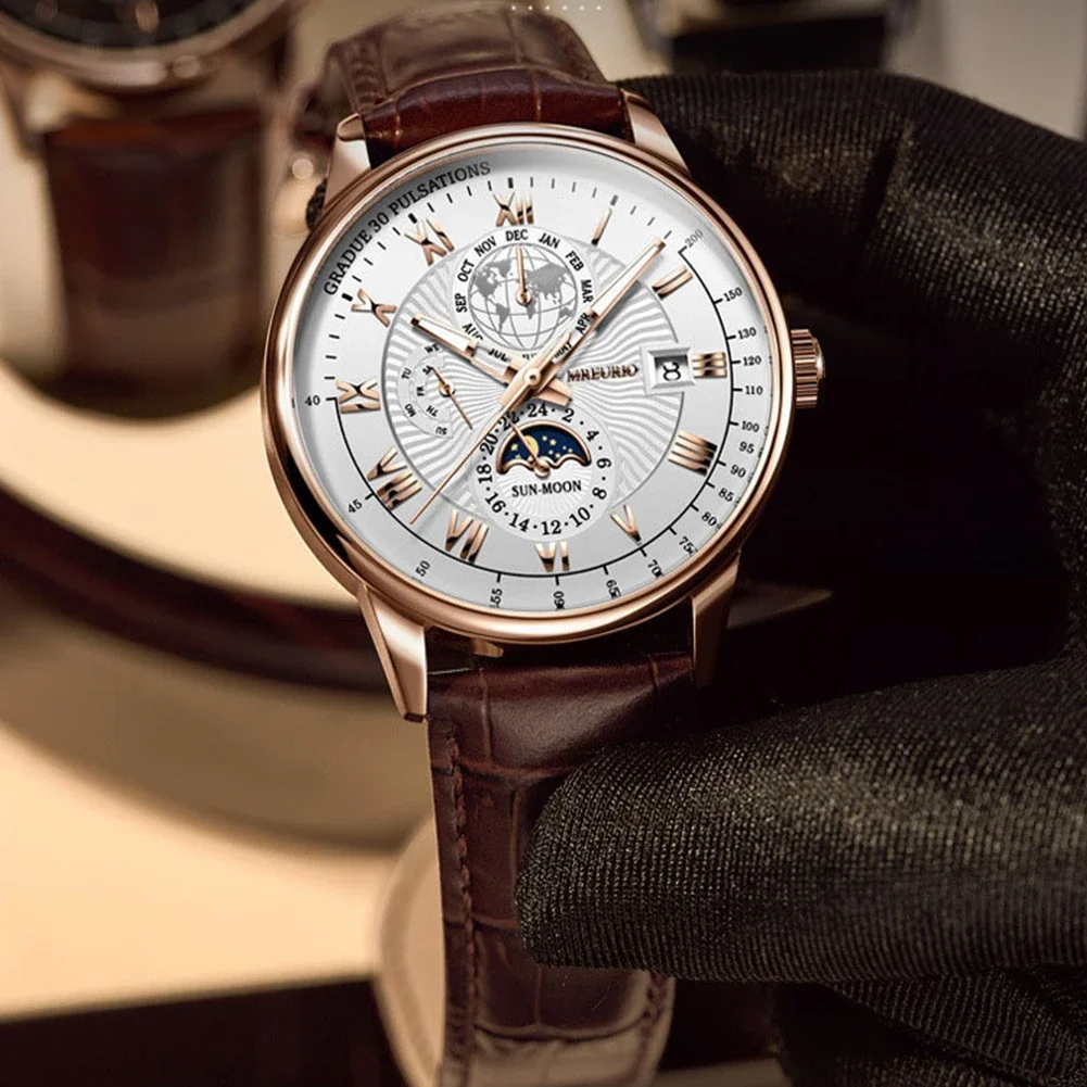 Luxury Man Watch Waterproof Chronograph Moon Phase Pattern Luminous Quartz Wristwatch Leather Strap Men Casual Clock