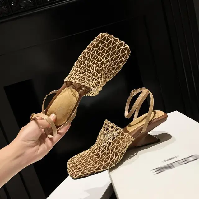 2025 Summer Luxury Fashion Designer Sandals Women's Lace Mesh Square Toe Shallow Narrow Strap Braided Slip-on High Heels Sandals 1