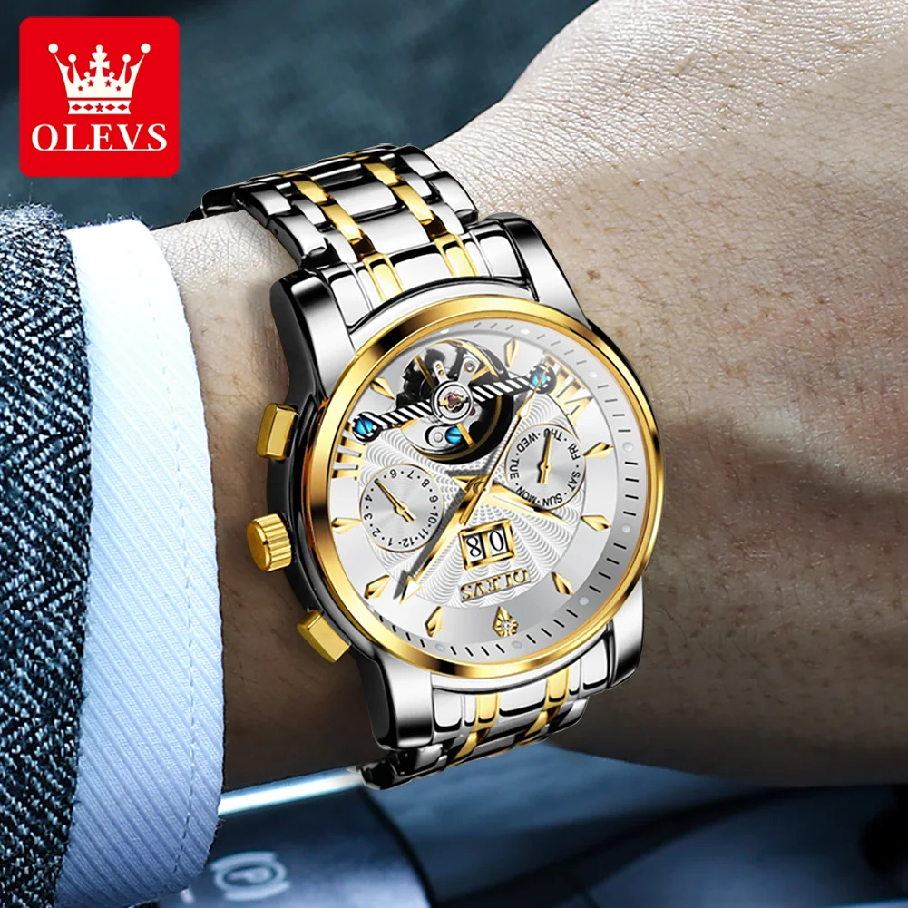 OLEVS Brand New Luxury Gold Mechanical Watch Men Stainless Steel Waterproof Fashion Tourbillon Watches Mens Relogio Masculino