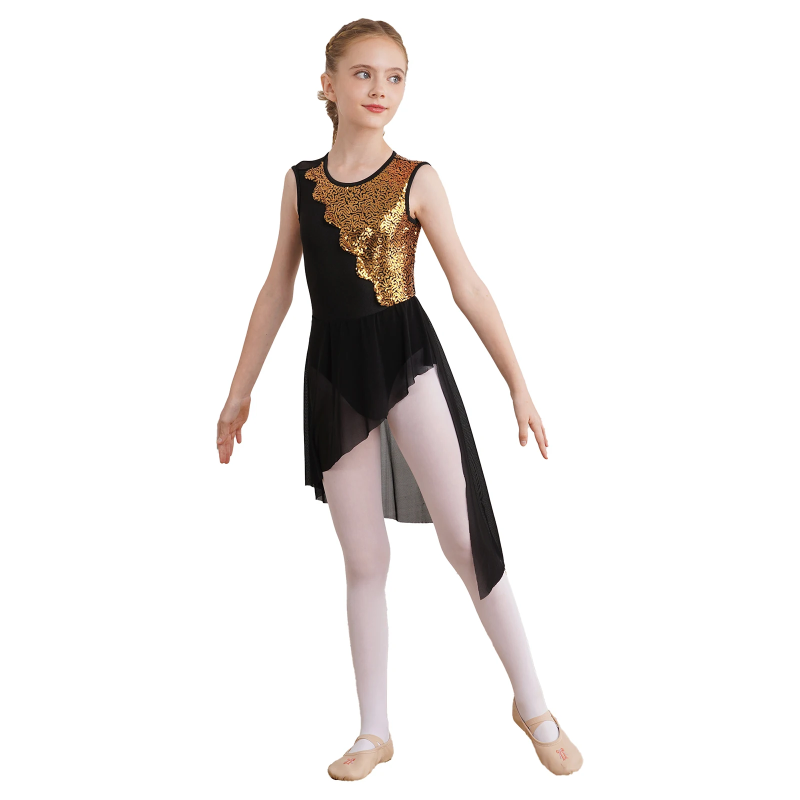 Kids Girls Lyrical Dance Dress Modern Contemporary Ballet Costume Shiny Sequins Mesh Tulle High Low Skirt Ballerina Dancewear