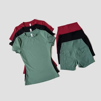 Sports Sets Fitness Hip-lifting Tight Top Short Sleeve Running Workout Gym Shorts Tracksuits For Women Breathable Sports Suits 1