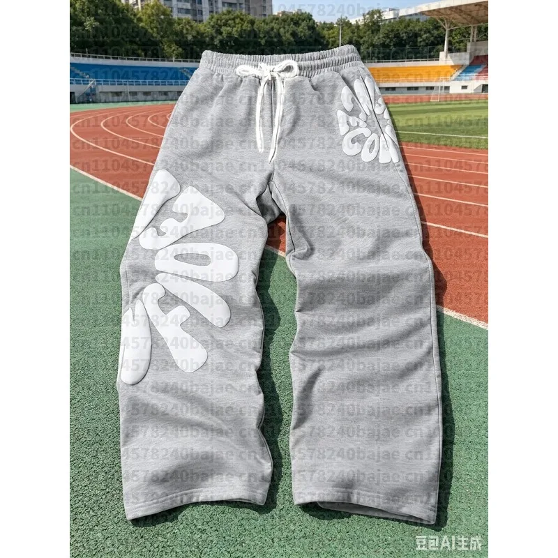2026 Herren & Kinder Weiche Loose-Fit-Hose Grau-Weiß mit Bubble-Buchstaben-Print, Kordelzugbund, Atmungsaktive Freizeit-Streetwear-Hose