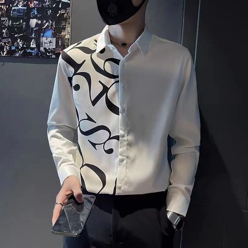 Spring Autumn Loose Casual Printing Shirt Men Long Sleeve All-match Buttons Top Hombre Korean Fashion Cardigan Elastic Blouse