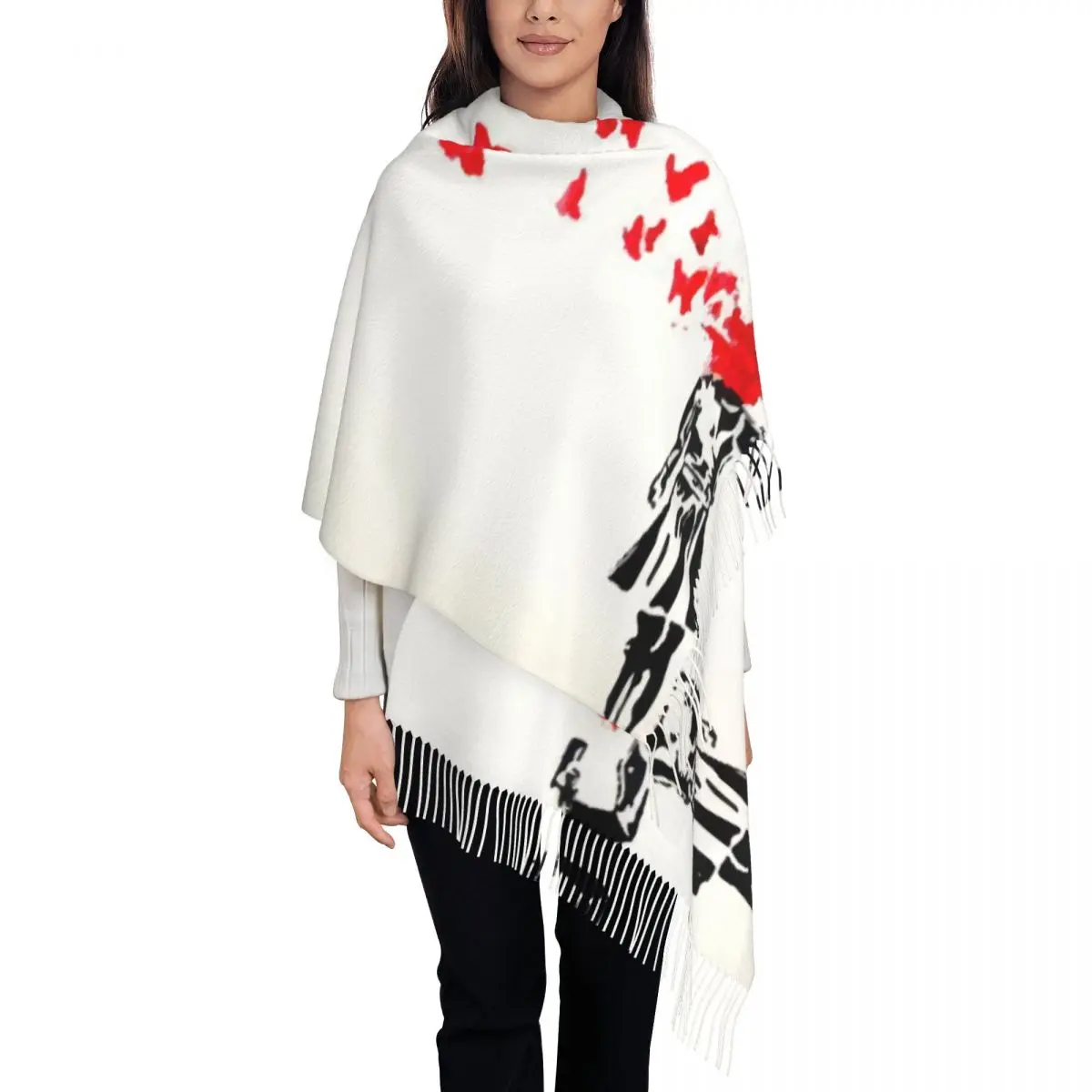 

Female Long Banksy Girl Butterfly Facial Scarves Women Winter Fall Soft Warm Tassel Shawl Wraps Street Graffiti Artist Scarf