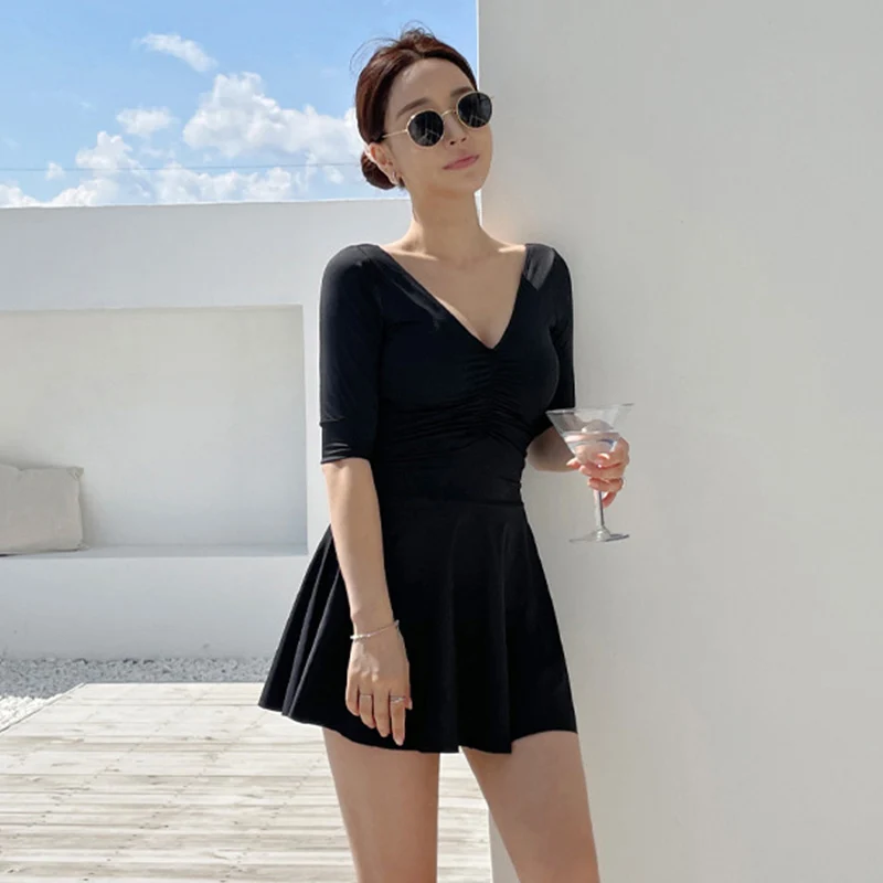 Short Sleeve One Piece Swimsuit Women Solid Black Swimwear Skirt Monokini Ruffle Bathing Suit Push Up Pad High Cut Korea Style