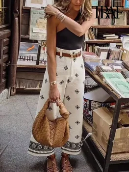 TRAF سراويل مستقيمة عصرية مطرزة من الكتان للنساء بنطلون كاحل عتيق بخصر عالٍ وسحّاب للنساء 1