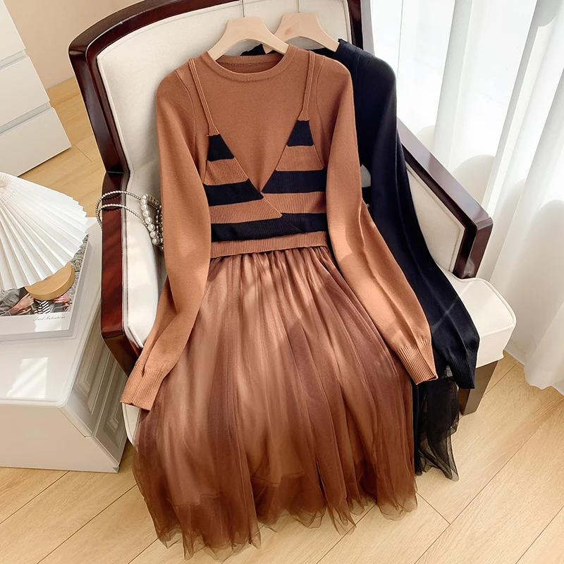 

Fake Two Pieces French Small Fragrant Wind Knitted Patchwork Irregular Mesh Yarn Long Sleeve Long Section Fairy Dress