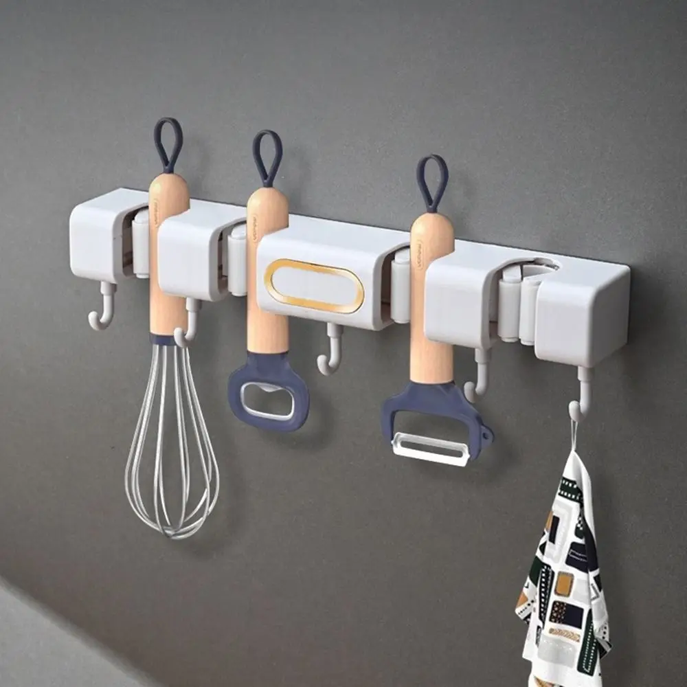 Plastic Wall-Mounted Mop Holder Self-Adhesive Waterproof Broom Mop Holder Space Saving Punch-Free Broom Storage Rack Bathroom