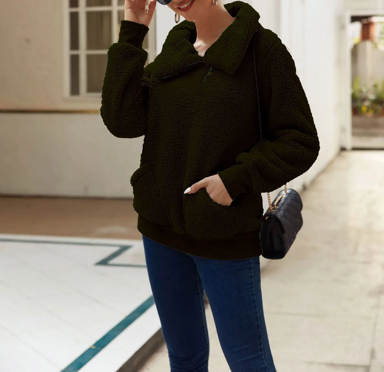 Sweatshirt for Women 2023 Autumn and Winter New Fashion High Neck Solid Color Pocket Zipper Long Sleeve Casual Blouse